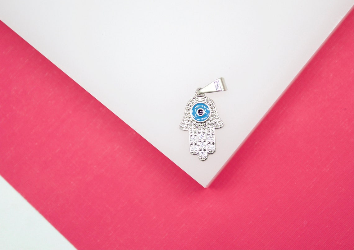 18K Rhodium Filled Hamsa Hand Pendant With Enamel Evil Eye CZ Stones