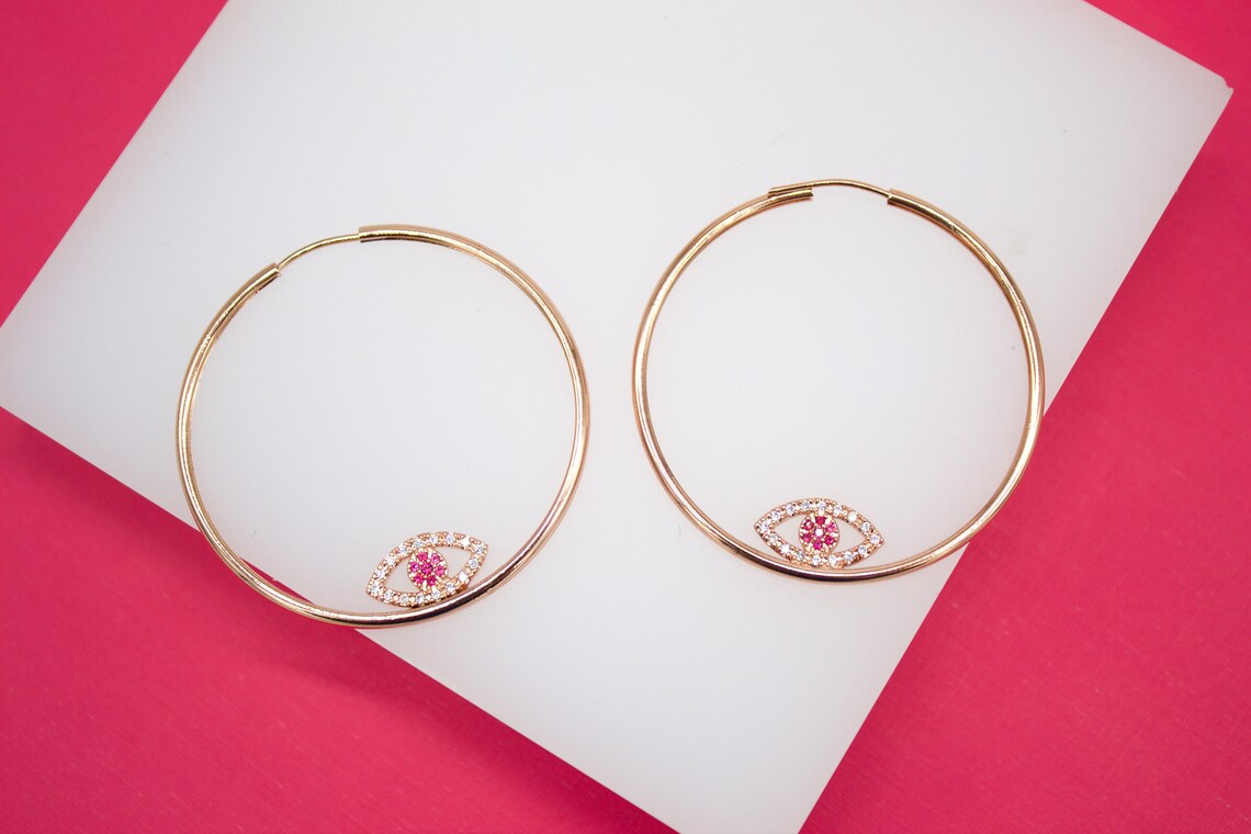 Evil Eye Endless Hoop Earrings with Micro CZ Stones (K305)