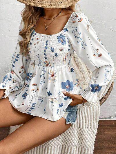 Smocked Floral Scoop Neck Flounce Sleeve Blouse for Women