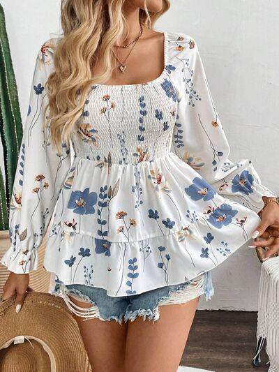 Smocked Floral Scoop Neck Flounce Sleeve Blouse for Women