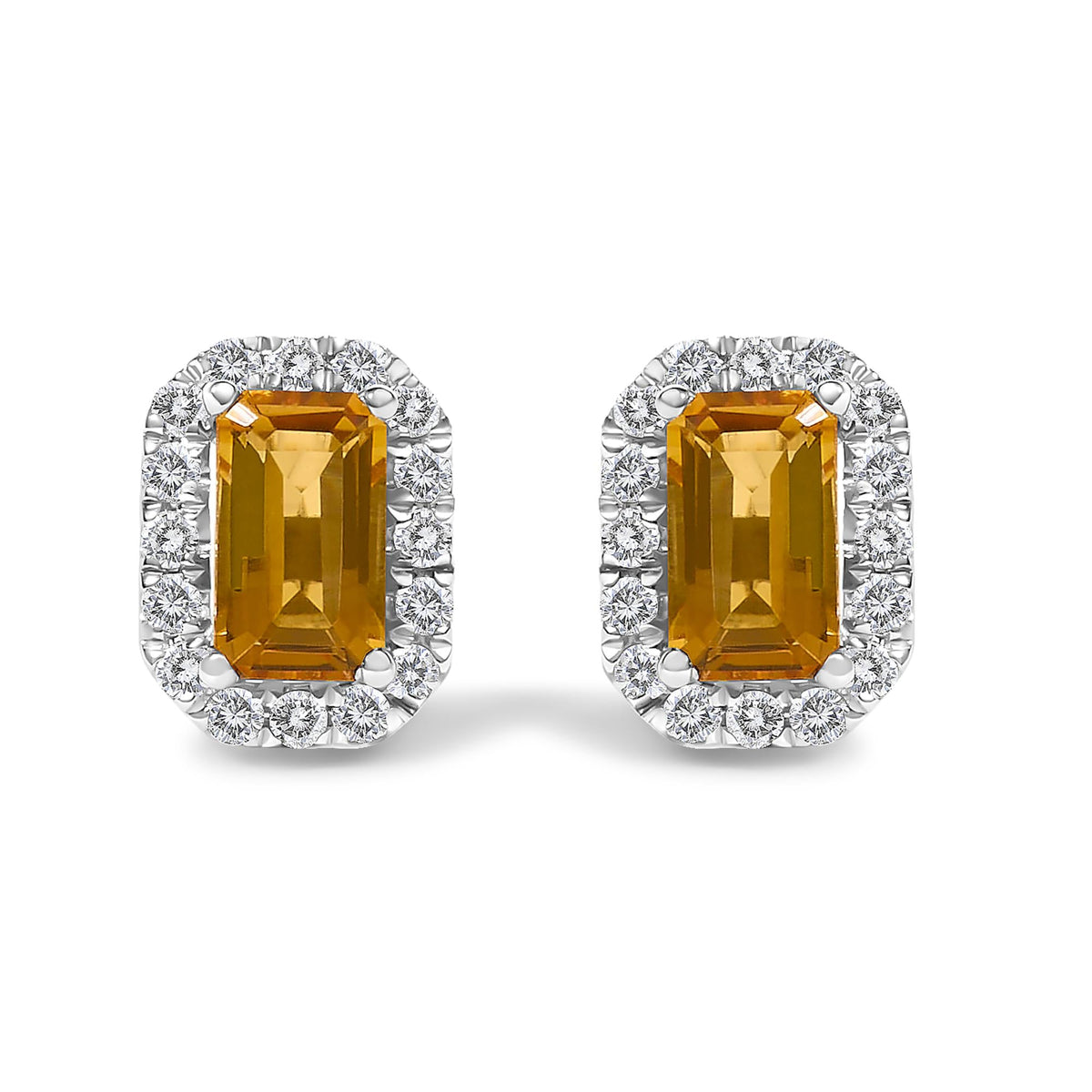 10K Gold 5x3mm Emerald-Cut Gemstone and 1/7 Cttw Diamond Halo Octagonal Stud Earrings (I-J Color, I1-I2 Clarity)