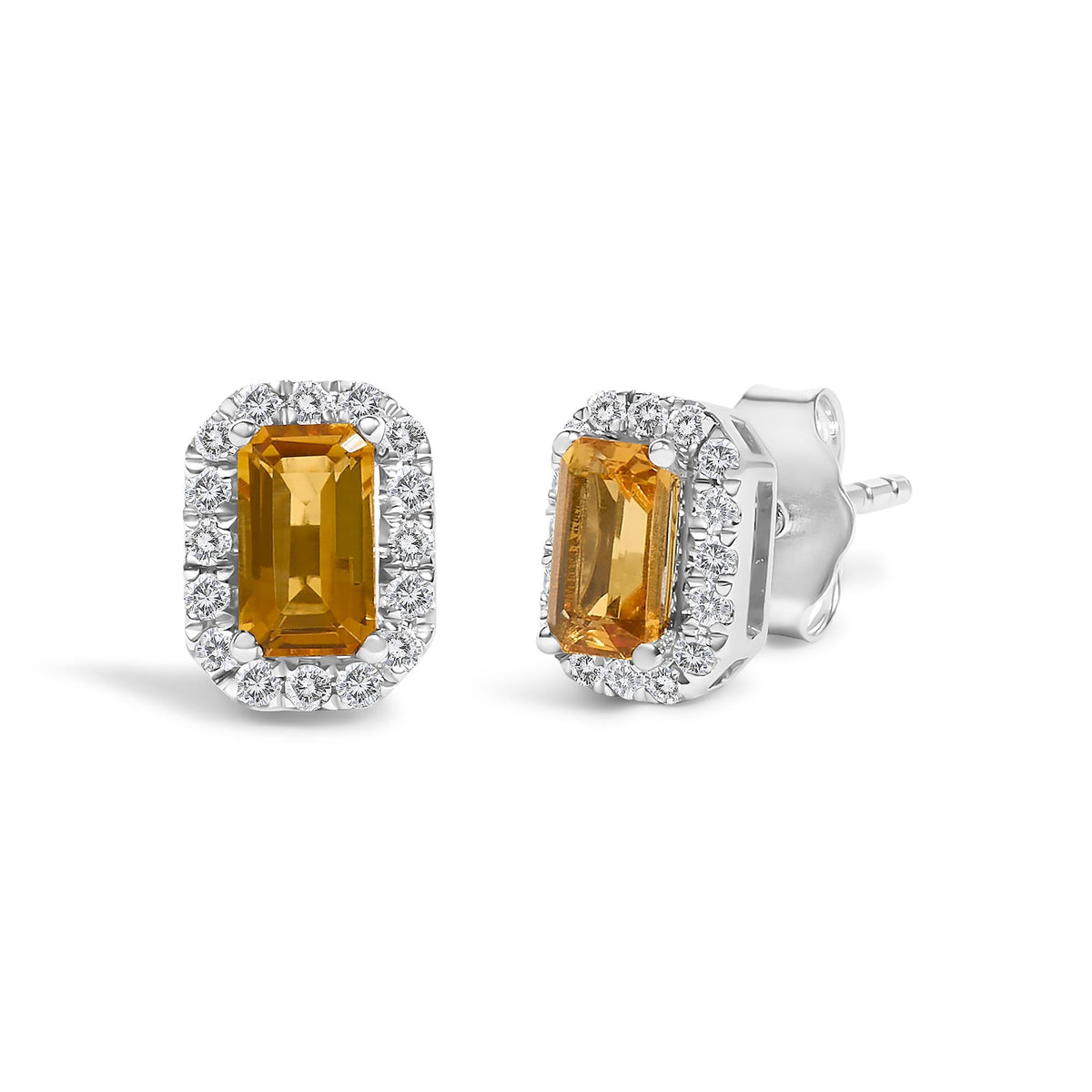 10K Gold 5x3mm Emerald-Cut Gemstone and 1/7 Cttw Diamond Halo Octagonal Stud Earrings (I-J Color, I1-I2 Clarity)