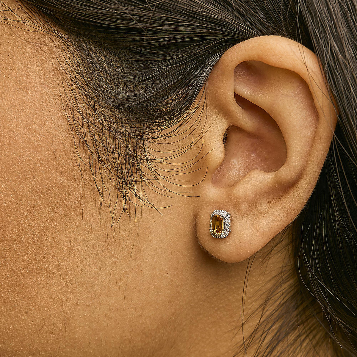 10K Gold 5x3mm Emerald-Cut Gemstone and 1/7 Cttw Diamond Halo Octagonal Stud Earrings (I-J Color, I1-I2 Clarity)