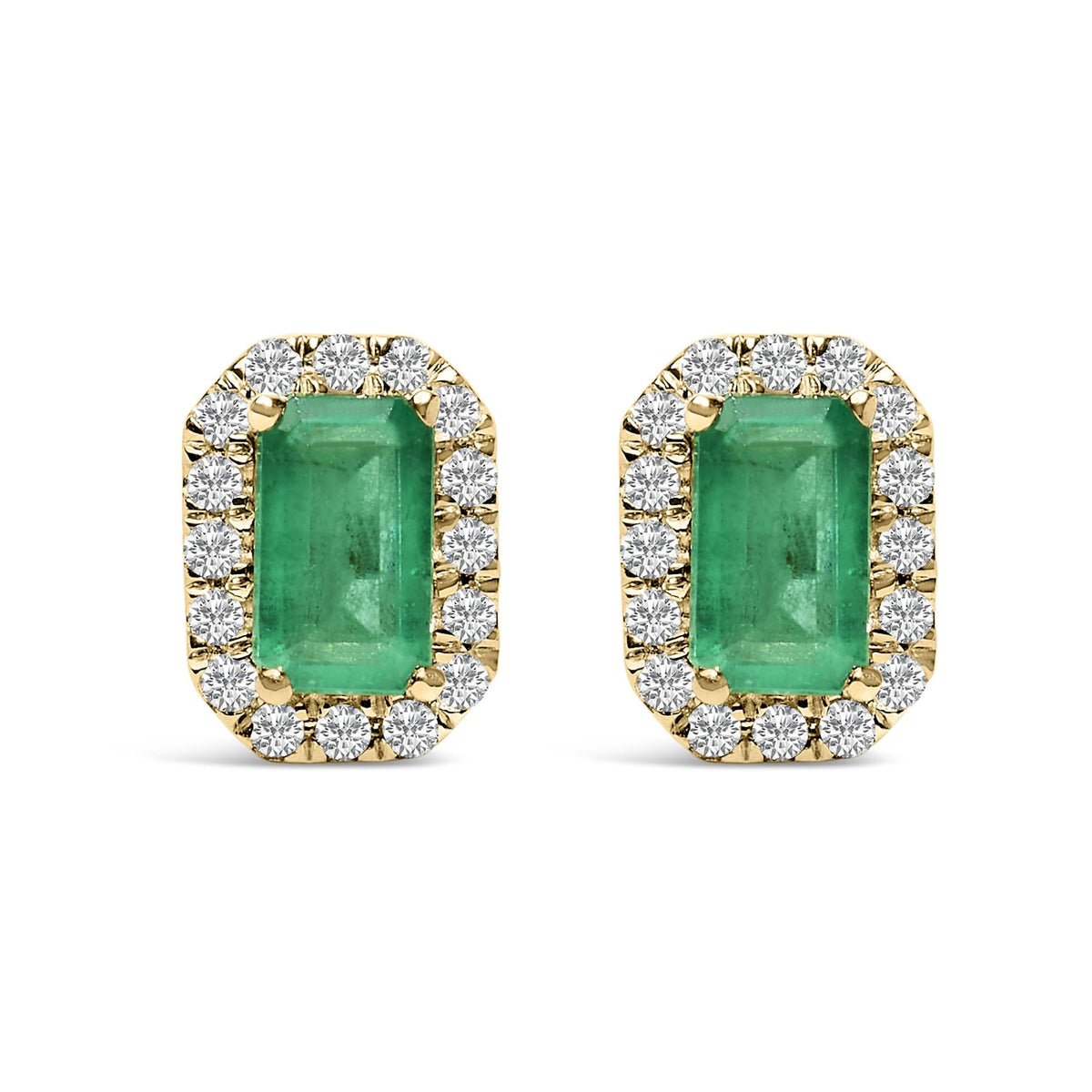 10K Gold 5x3mm Emerald-Cut Gemstone and 1/7 Cttw Diamond Halo Octagonal Stud Earrings (I-J Color, I1-I2 Clarity)