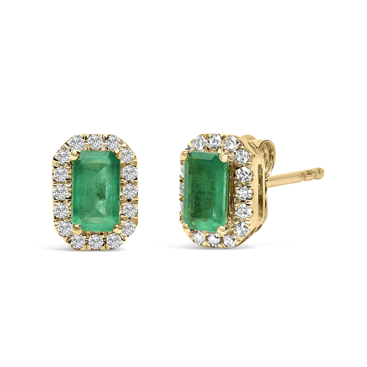 10K Gold 5x3mm Emerald-Cut Gemstone and 1/7 Cttw Diamond Halo Octagonal Stud Earrings (I-J Color, I1-I2 Clarity)