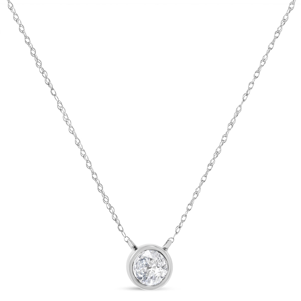 AGS Certified 10K Gold Bezel Set Round Diamond Solitaire 16-18" Adjustable Pendant Necklace (H-I Color, SI1-SI2 Clarity)