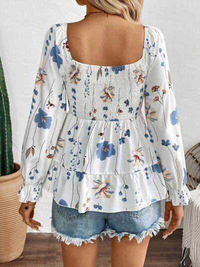 Smocked Floral Scoop Neck Flounce Sleeve Blouse for Women