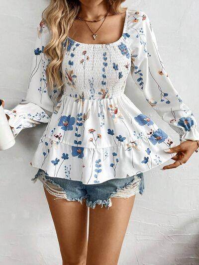 Smocked Floral Scoop Neck Flounce Sleeve Blouse for Women