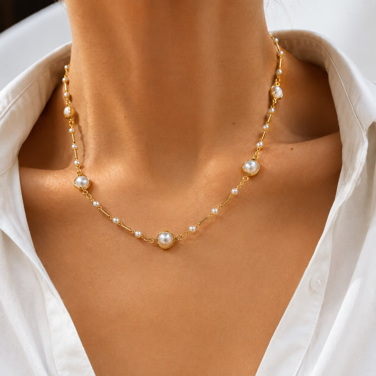 Open Bezel Pearl Station Necklace (F101A / I222)