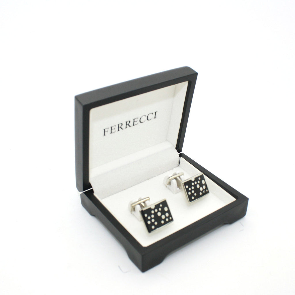 Silvertone Black Dot Design Cuff Links With Jewelry Box