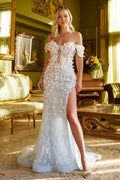 Off The Shoulder Charming Dress w/ Floral Applique & Leg Slit GLGL3409