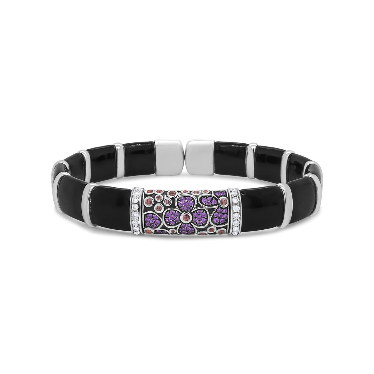 .925 Sterling Silver Black and Brown Enamel 1/3 Cttw Round Diamonds and Pink and Orange Sapphire Gemstones Floral Statement Bangle Bracelet (F-G Color, VS1-VS2 Clarity) - Size 7.75"