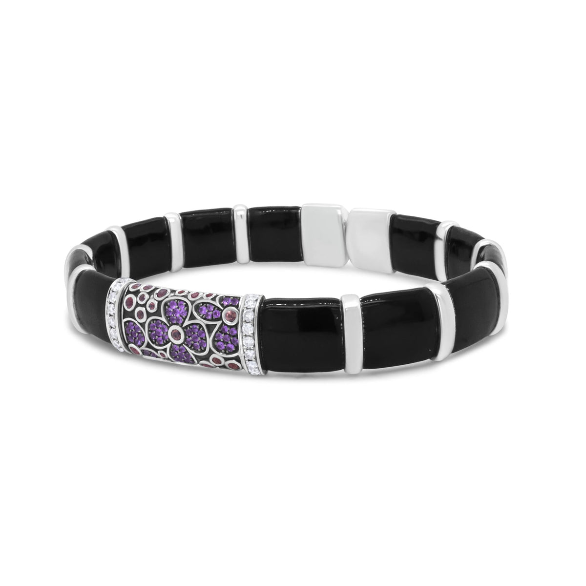 .925 Sterling Silver Black and Brown Enamel 1/3 Cttw Round Diamonds and Pink and Orange Sapphire Gemstones Floral Statement Bangle Bracelet (F-G Color, VS1-VS2 Clarity) - Size 7.75"