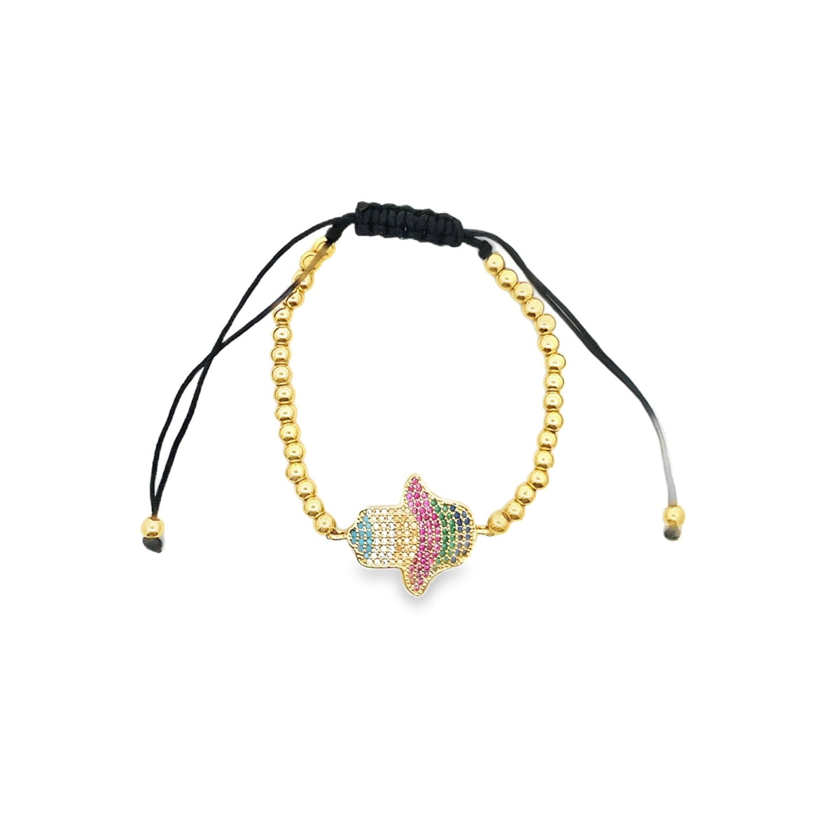 Adjustable Bead Bracelet With Multicolor Hamsa Hand CZ Stones Charm (I144-145)