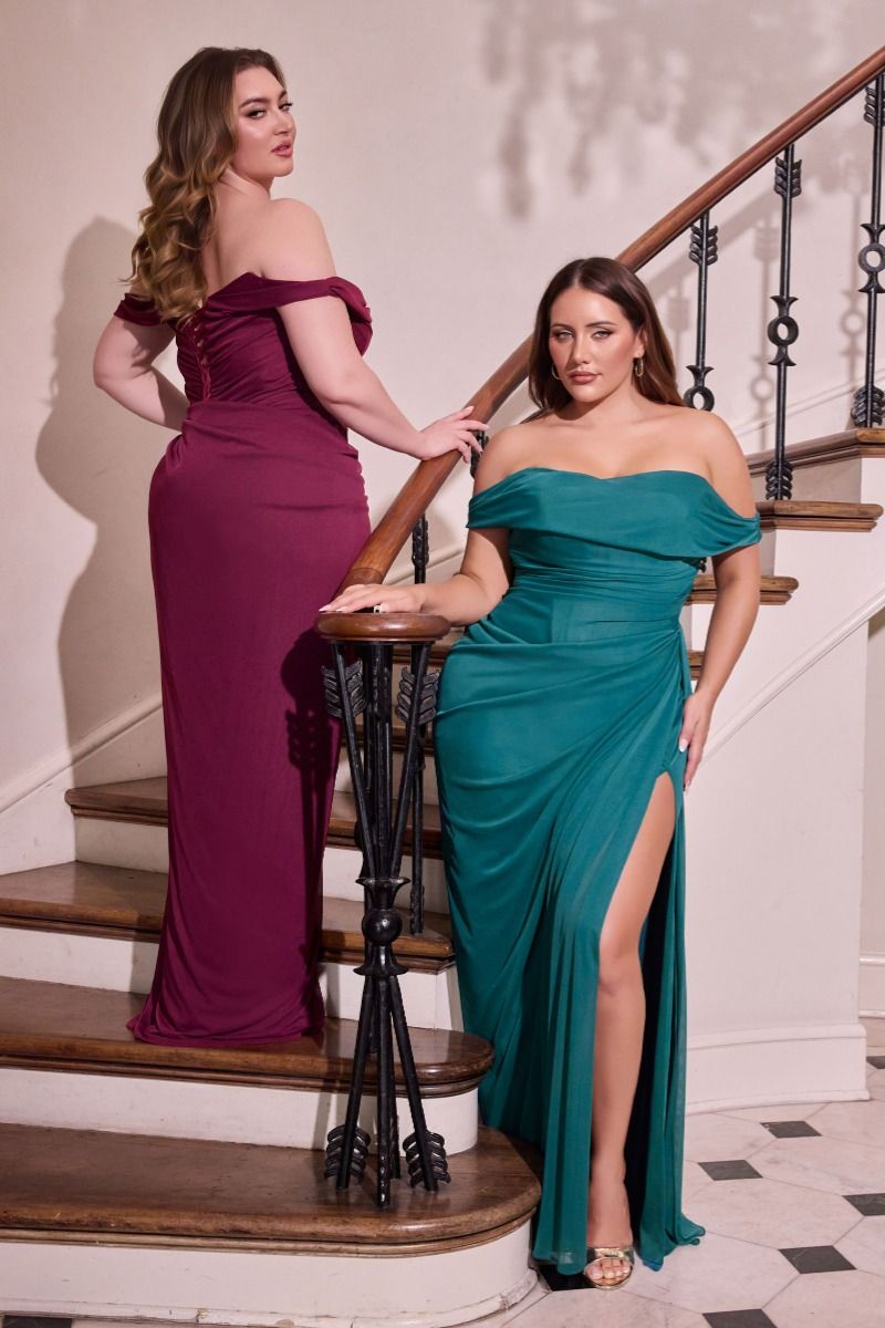 Solid Off The Shoulder Elegant Mesh Gown w/ Ruched Desing & Leg Slit CDCD387C