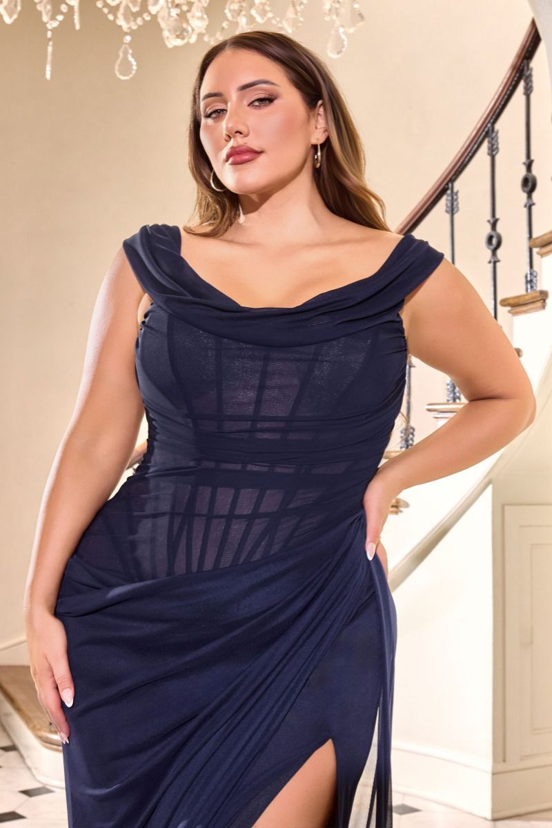 Solid Off The Shoulder Elegant Mesh Gown w/ Ruched Desing & Leg Slit CDCD387C