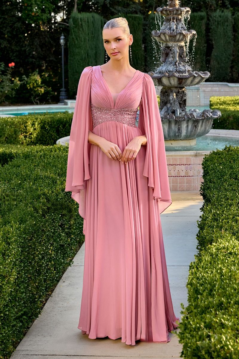 Formal A-line Mother Of Bride Chiffon Gown w/ Beaded Waist & Cape Sleeves CDCM8244