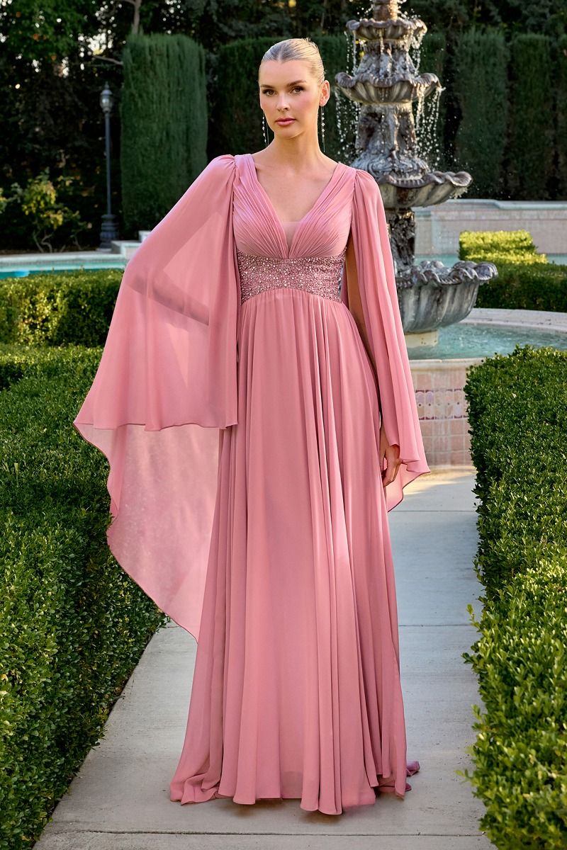 Formal A-line Mother Of Bride Chiffon Gown w/ Beaded Waist & Cape Sleeves CDCM8244