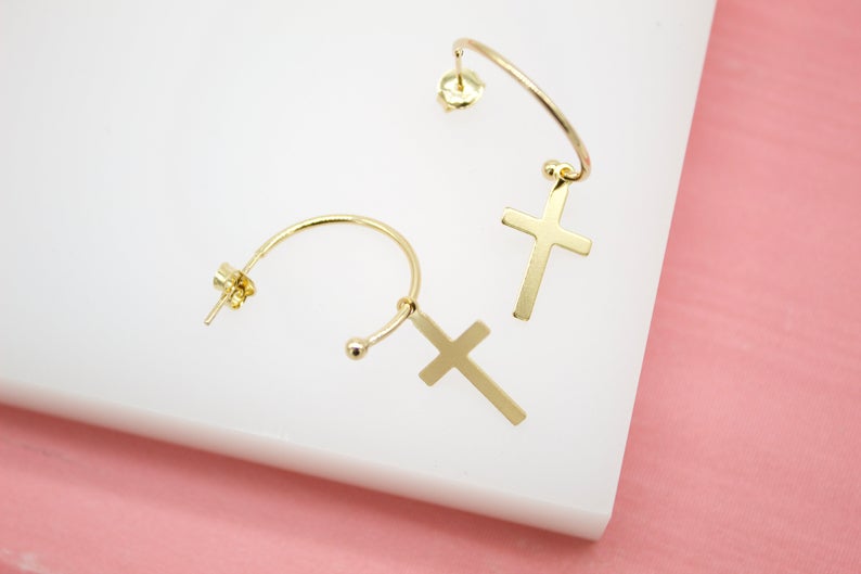Gold Filled Cross Open Hoops Dangle Drop Stud Earrings (K258)