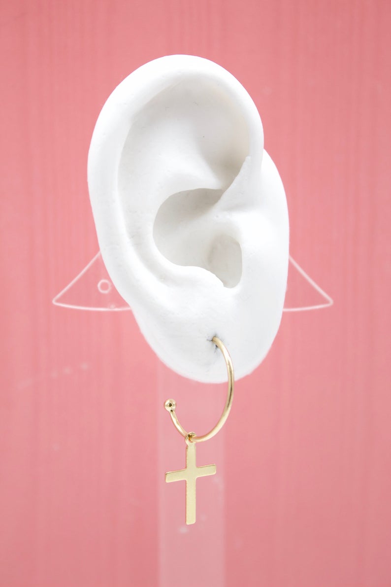 Gold Filled Cross Open Hoops Dangle Drop Stud Earrings (K258)