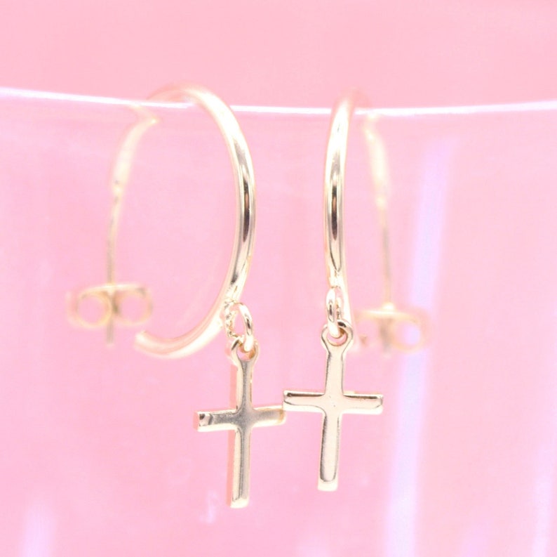 Gold Filled Cross Open Hoops Dangle Drop Stud Earrings (K258)