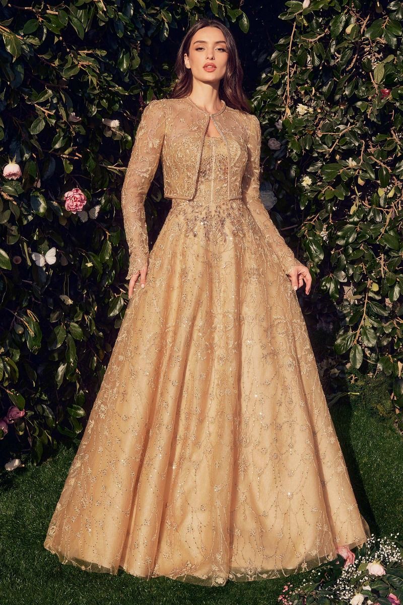 STRAPLESS EMBROIDERED BALL GOWN WITH REMOVABLE JACKET CDMA104