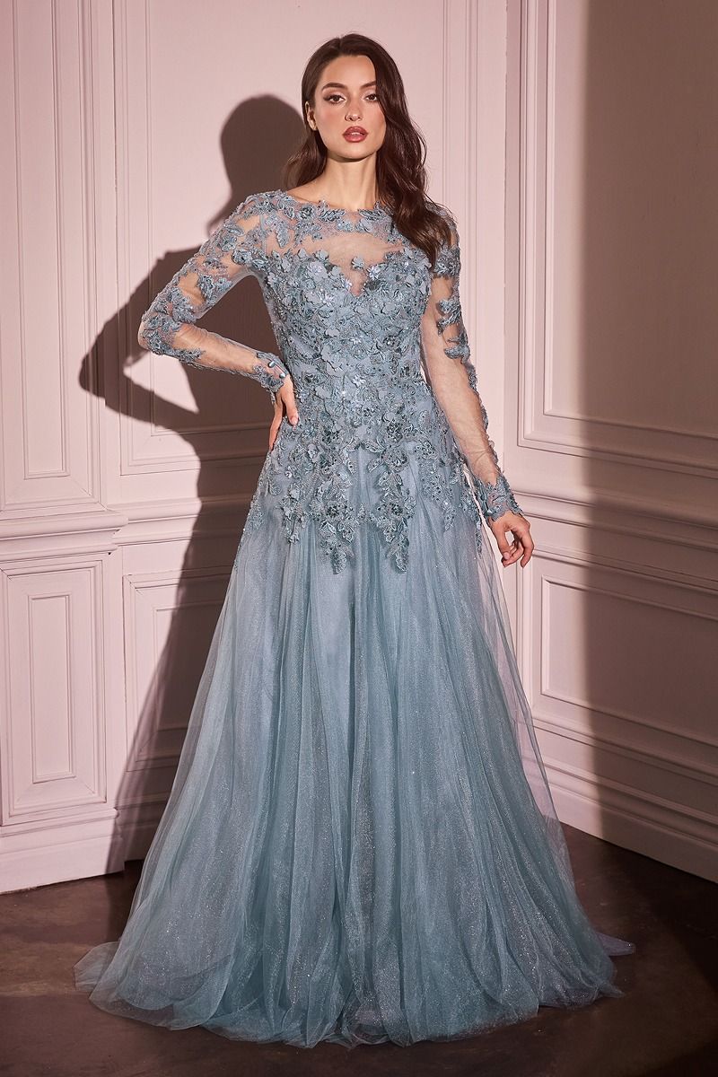 Ceremonial A-Line Layered Tulle Gown w/ Long Sheer Sleeves & Floral Applqiue CDMA108