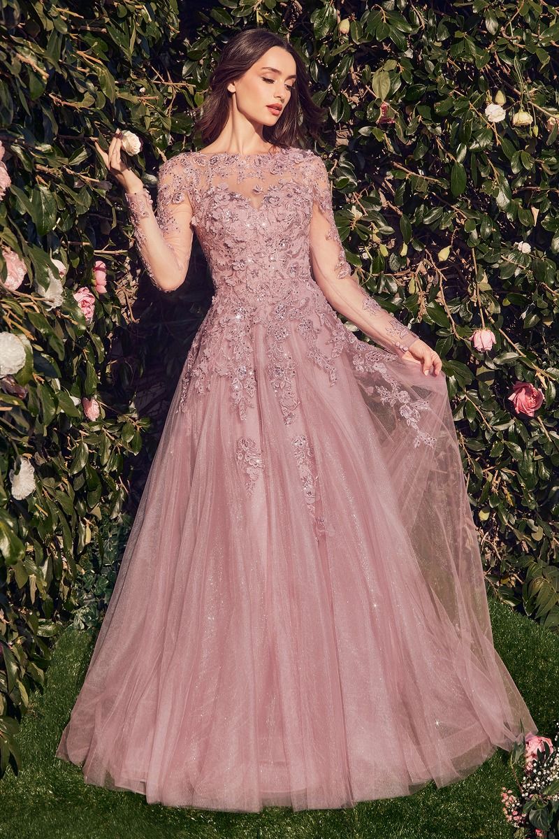 Ceremonial A-Line Layered Tulle Gown w/ Long Sheer Sleeves & Floral Applqiue CDMA108