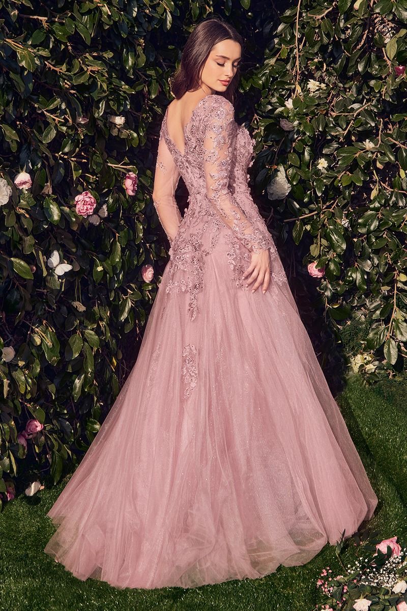 Ceremonial A-Line Layered Tulle Gown w/ Long Sheer Sleeves & Floral Applqiue CDMA108