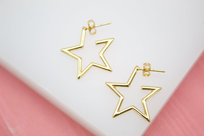18K Gold Filled Open Star Hoop Modern Minimalist Stud Earrings