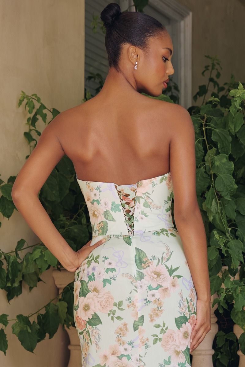 Floral Printed Sheath Bridesmaid Dress w/ Straight Across Neckline & Lace Up Back CDT718